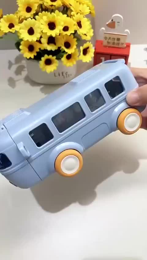 350ml Random Color Bus Shape Water Bottle with Moving Wheels, Leak-Proof Water Bottle for Kids with Strap & Sipper,