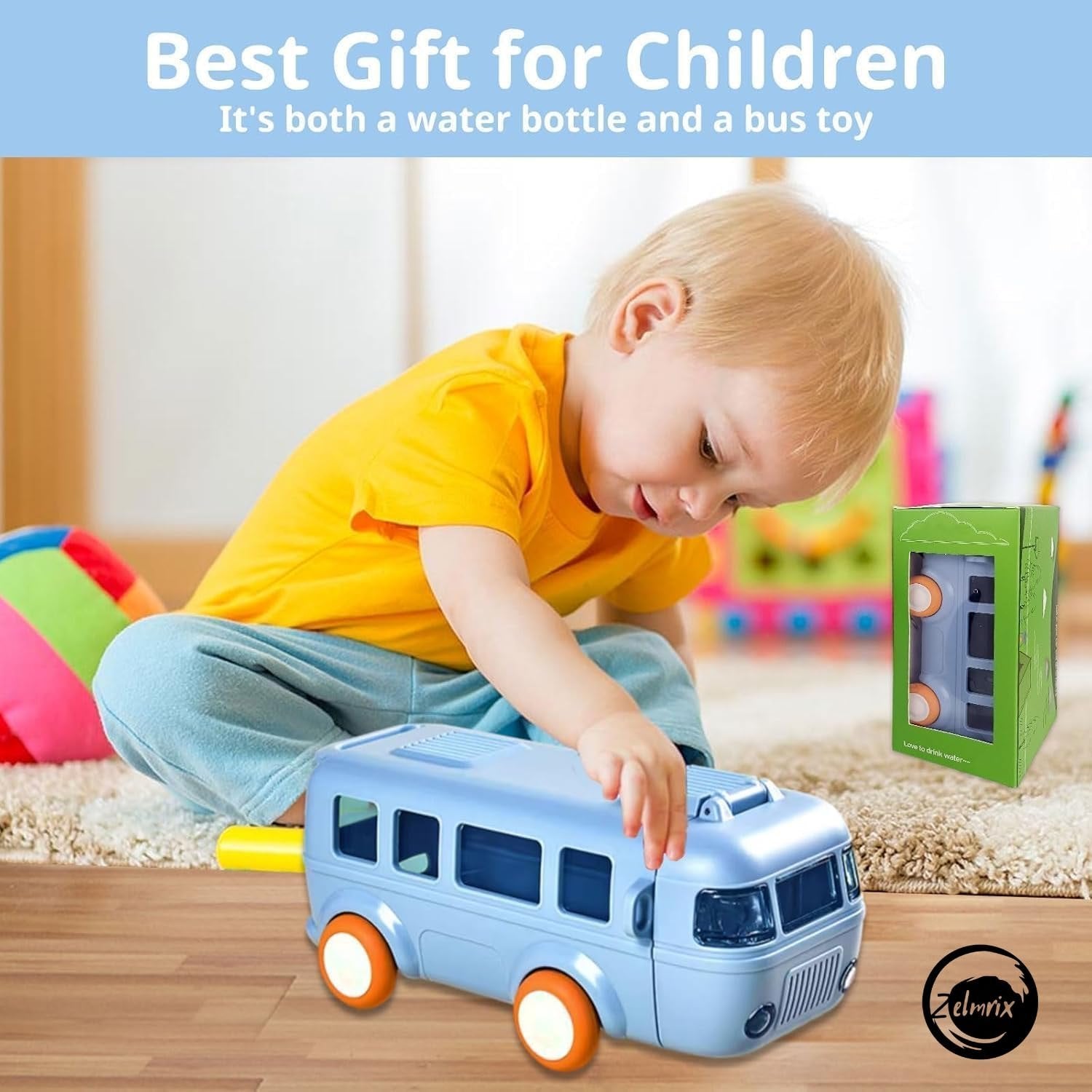 350ml Random Color Bus Shape Water Bottle with Moving Wheels, Leak-Proof Water Bottle for Kids with Strap & Sipper,