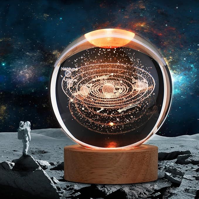 3D Crystal Ball Lamp for Home Decoration 3D Solar System Crystal Ball Night Light with 3.15 inches USB Powered Wooden Base Galaxys Glass Ball with LED Base (1pc's)